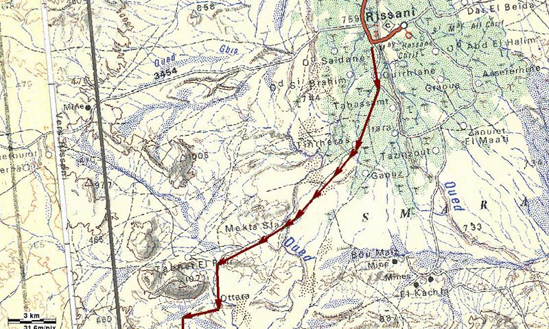Mapa topográfico escala al 1/250000 con superposición de ruta Gandini